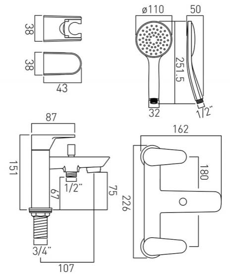 Technical image of Vado Ascent Basin & Bath Shower Mixer Tap Pack With Kit (Chrome).