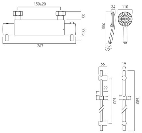 Technical image of Vado Shower Packs Celsius 3/4" Thermostatic Shower Pack (Chrome).