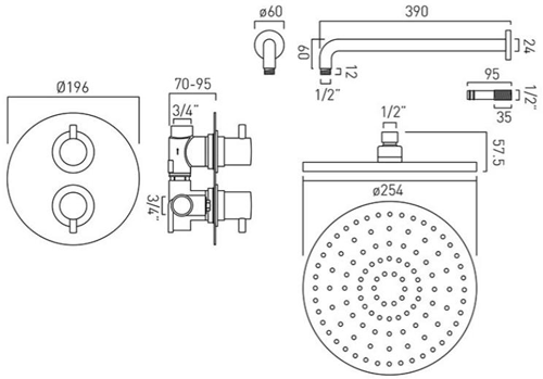 Technical image of Vado Shower Packs Thermostatic Shower Set With 1 Outlet (Chrome).