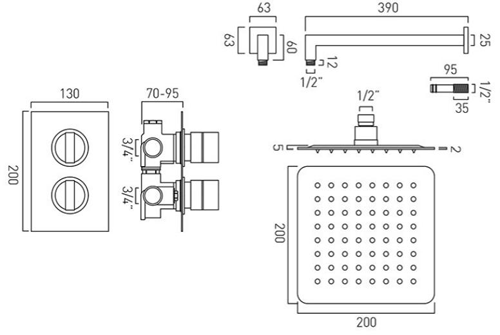 Technical image of Vado Shower Packs Thermostatic Shower Set With 1 Outlet (Chrome).