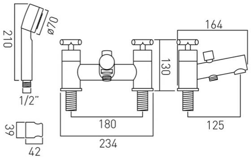 Technical image of Vado Elements Bath Shower Mixer Tap With Kit (Chrome).