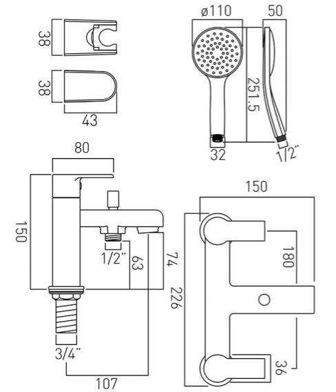 Technical image of Vado Ion Bath Shower Mixer Tap With Kit (Chrome).