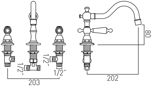 Technical image of Vado Kensington 3 Hole Basin Mixer & Bath Filler Tap Pack (Chrome & Black).