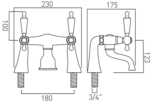 Technical image of Vado Kensington 3 Hole Basin Mixer & Bath Filler Tap Pack (Chrome & Black).