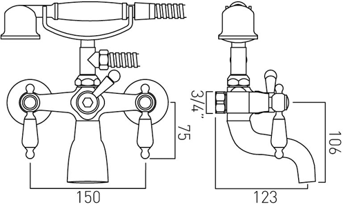 Technical image of Vado Kensington Basin Taps & Wall Mounted BSM Tap (Chrome & Black).