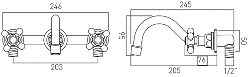 Technical image of Vado Kensington Wall Mounted Basin & Bath Filler Tap Pack (Chrome & White).