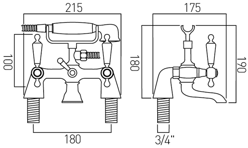 Technical image of Vado Kensington Pillar Basin & Bath Shower Mixer Tap Pack (Chrome & White).