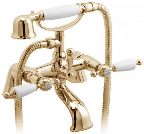 Example image of Vado Kensington Basin & Bath Shower Mixer Tap Pack (Gold & White).