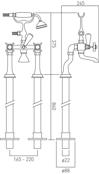 Technical image of Vado Kensington Floor Mounted Bath Shower Mixer Tap (Chrome & White).