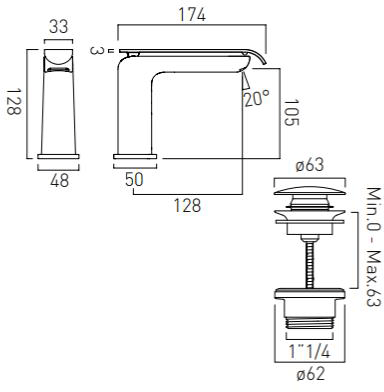 Technical image of Vado Kovera Mono Basin Mixer Tap With Universal Waste (Chrome).