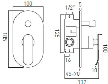 Technical image of Vado Kovera Manual Shower Valve With 2 Outlets & Diverter (Chrome).