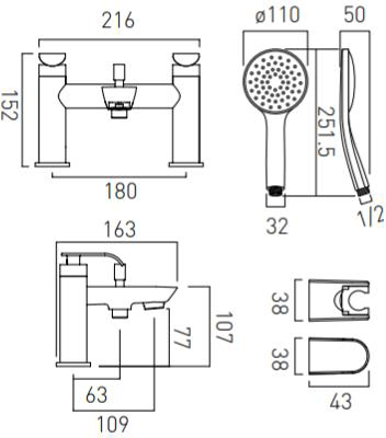 Technical image of Vado Kovera Bath Shower Mixer & Basin Tap Pack (Chrome).