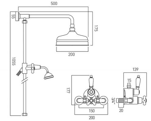 Technical image of Vado Shower Packs Westbury Thermostatic Shower Valve & Riser Kit.