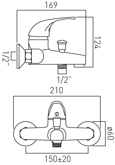 Technical image of Vado Matrix Wall Mounted Bath Shower Mixer Tap (Chrome).