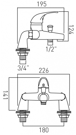 Technical image of Vado Matrix Single Lever Bath Shower Mixer Tap (Chrome).