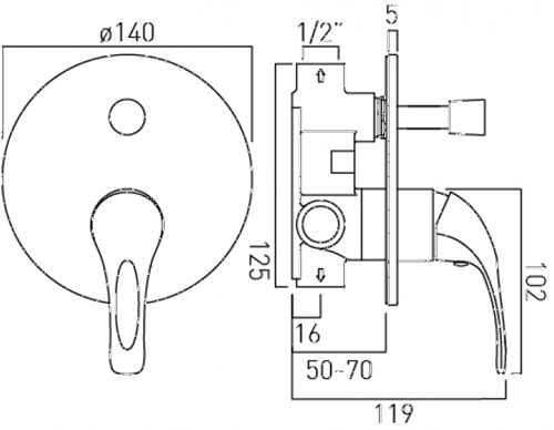 Technical image of Vado Matrix Manual Shower Valve With Diverter (Chrome).