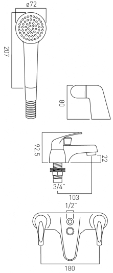 Technical image of Vado Matrix Basin & Bath Shower Mixer Taps Pack (Chrome).