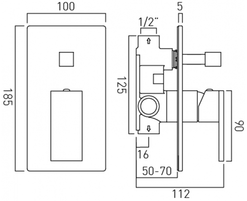 Technical image of Vado Notion Manual Shower Valve With Diverter (Brushed Nickel).