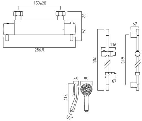 Technical image of Vado Shower Packs Prima Thermostatic Shower Pack (Chrome).