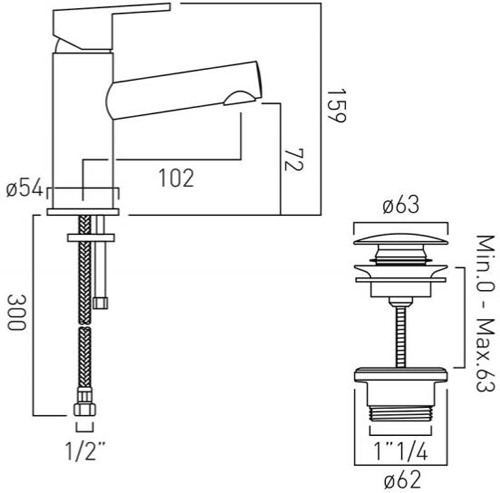 Technical image of Vado Sense Mono Basin Mixer Tap With Universal Waste (Chrome).