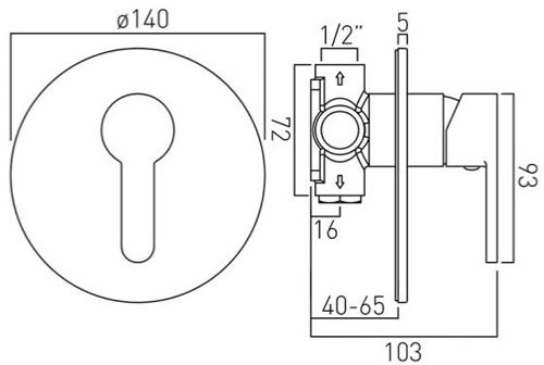 Technical image of Vado Sense Manual Shower Valve With 1 Outlet (Chrome).