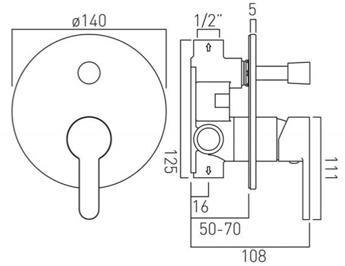 Technical image of Vado Sense Manual Shower Valve With 2 Outlets & Diverter (Chrome).