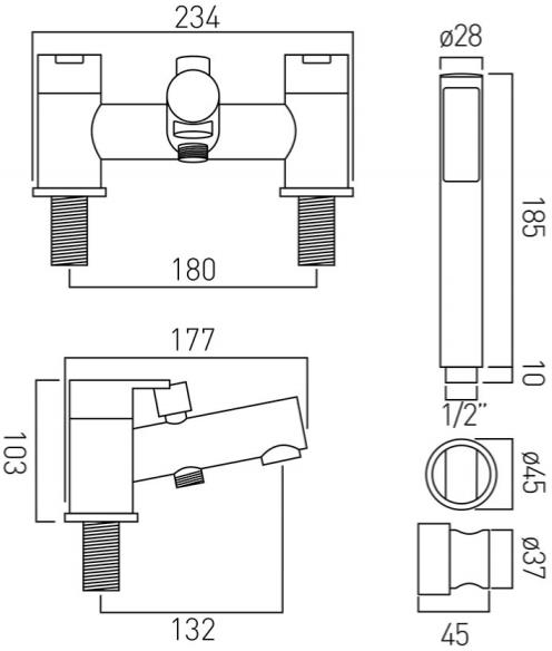 Technical image of Vado Sense Extended Basin & Bath Shower Mixer Taps Pack (Chrome).