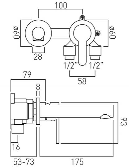 Technical image of Vado Sense Wall Mounted Basin & Bath Shower Mixer Taps Pack (Chrome).