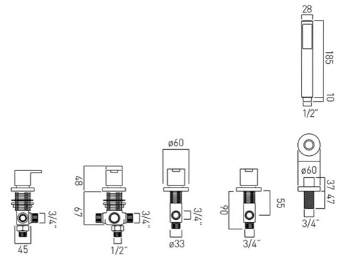 Technical image of Vado Sense 4 Hole Bath Shower Mixer Tap With Bath Filler Waste & Overflow.