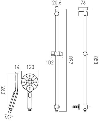 Technical image of Vado Sensori SmartDial Thermostatic Shower & Round Head & Slide Rail Kit.