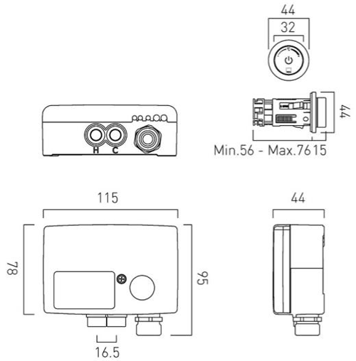 Technical image of Vado Sensori SmartDial Thermostatic Shower & Square Head (1 Outlet).