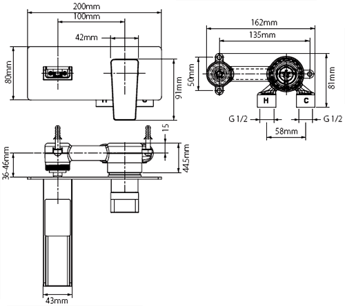 Technical image of Vado Synergie Wall Mounted Waterfall Basin Tap (Chrome).