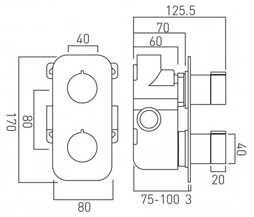 Technical image of Vado Altitude 2 Outlet Thermostatic Shower Valve (Bright Nickel).