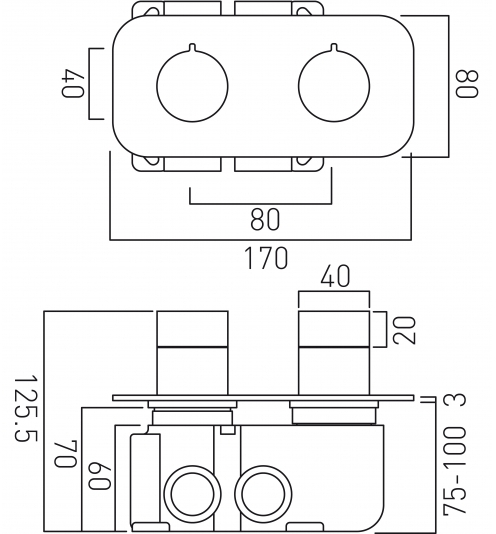 Technical image of Vado Altitude 2 Outlet Thermostatic Shower Valve (Bright Nickel).