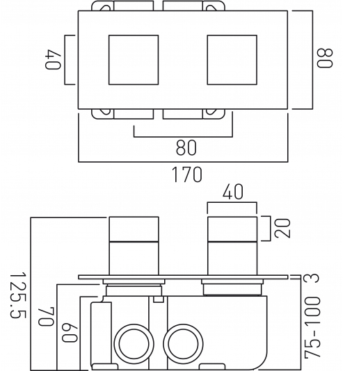 Technical image of Vado Notion Thermostatic Shower Valve With 2 Outlets (3/4" Bright Nickel).