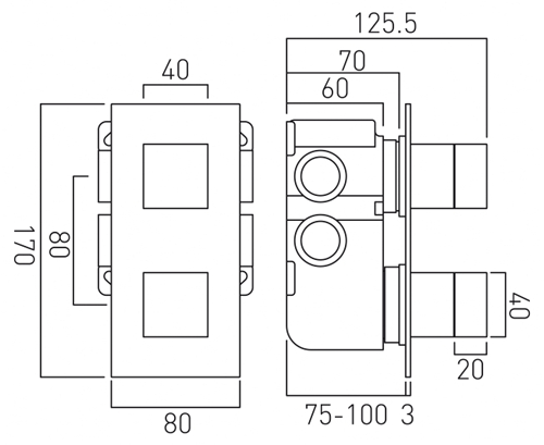 Technical image of Vado Notion Thermostatic Shower Valve With 2 Outlets (3/4" Bright Nickel).