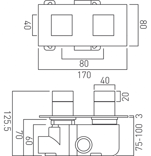 Technical image of Vado Notion Thermostatic Shower Valve With 1 Outlet (3/4" Brushed Nickel).