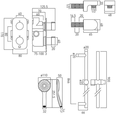 Technical image of Vado Shower Packs Thermostatic Shower Set With 1 Outlet (Chrome).