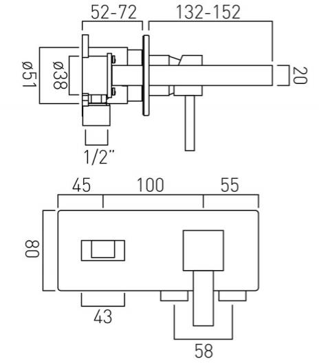 Technical image of Vado Te Falls Wall Mounted Waterfall Basin Mixer Tap (Chrome).