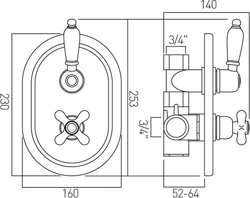 Technical image of Vado Westbury Thermostatic Shower Valve (Gold & White, 3/4").