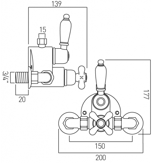 Technical image of Vado Westbury Exposed Thermostatic Shower Valve (Gold & White, 3/4").