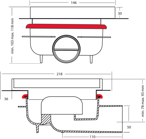 Technical image of VDB Tile Drains Shower Tile Drain 146x146mm (ABS, Stainless Steel Frame).