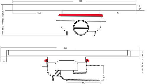 Technical image of VDB Tile Drains Shower Tile Drain 296x296mm (ABS, Stainless Steel Frame).