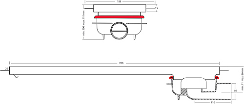 Technical image of VDB Channel Drains Shower Channel With Rotational Outlet 700x150.