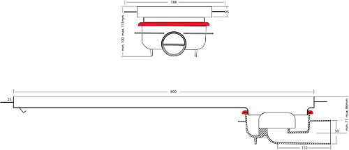 Technical image of VDB Channel Drains Shower Channel With Rotational Outlet 800x150.