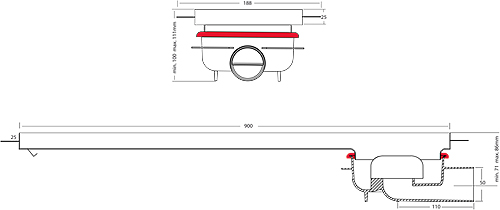 Technical image of VDB Channel Drains Shower Channel With Rotational Outlet 900x150.