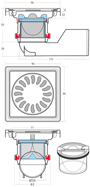 Technical image of VDB Shower Drains Square Shower Drain 100x100mm (Brass).