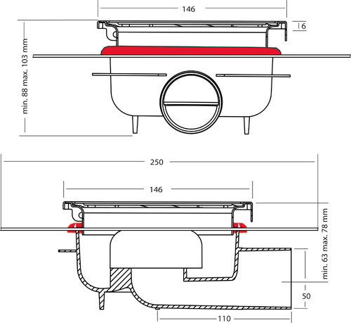 Technical image of VDB Shower Drains ABS Shower Drain With Fitted Membrane 500x500mm.