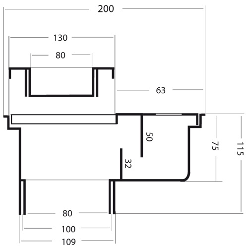 Technical image of VDB Balcony PVC Drain With Vertical Outlet (200x200mm).