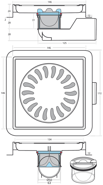 Technical image of VDB Shower Drains ABS Plastic Shower Drain 150x150mm (Steel Grate).